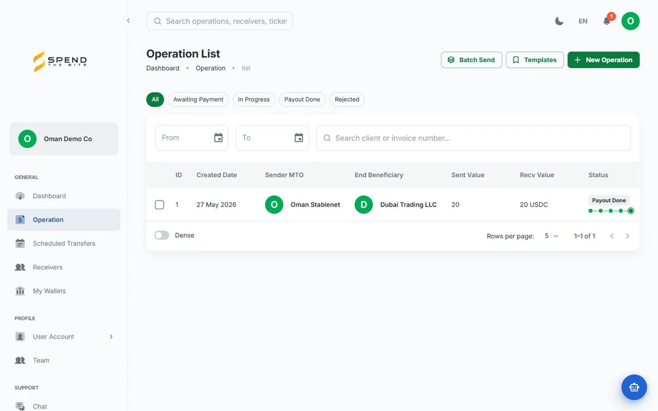 Screenshot of the StableNet customer portal operation list, showing a USDC payout with status Payout Done